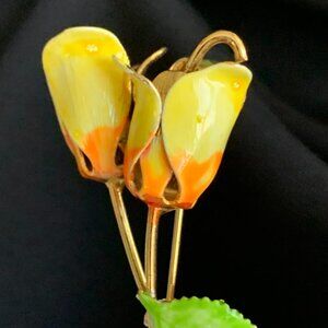 Vintage Dimensional Enamel Flower Brooch Double Tulip Pin Yellow-Orange Gold